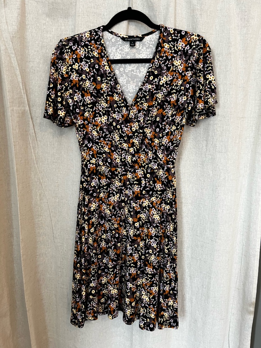 41 Hawthorn Black Floral Wrap Mini Dress with Brown and White Accents